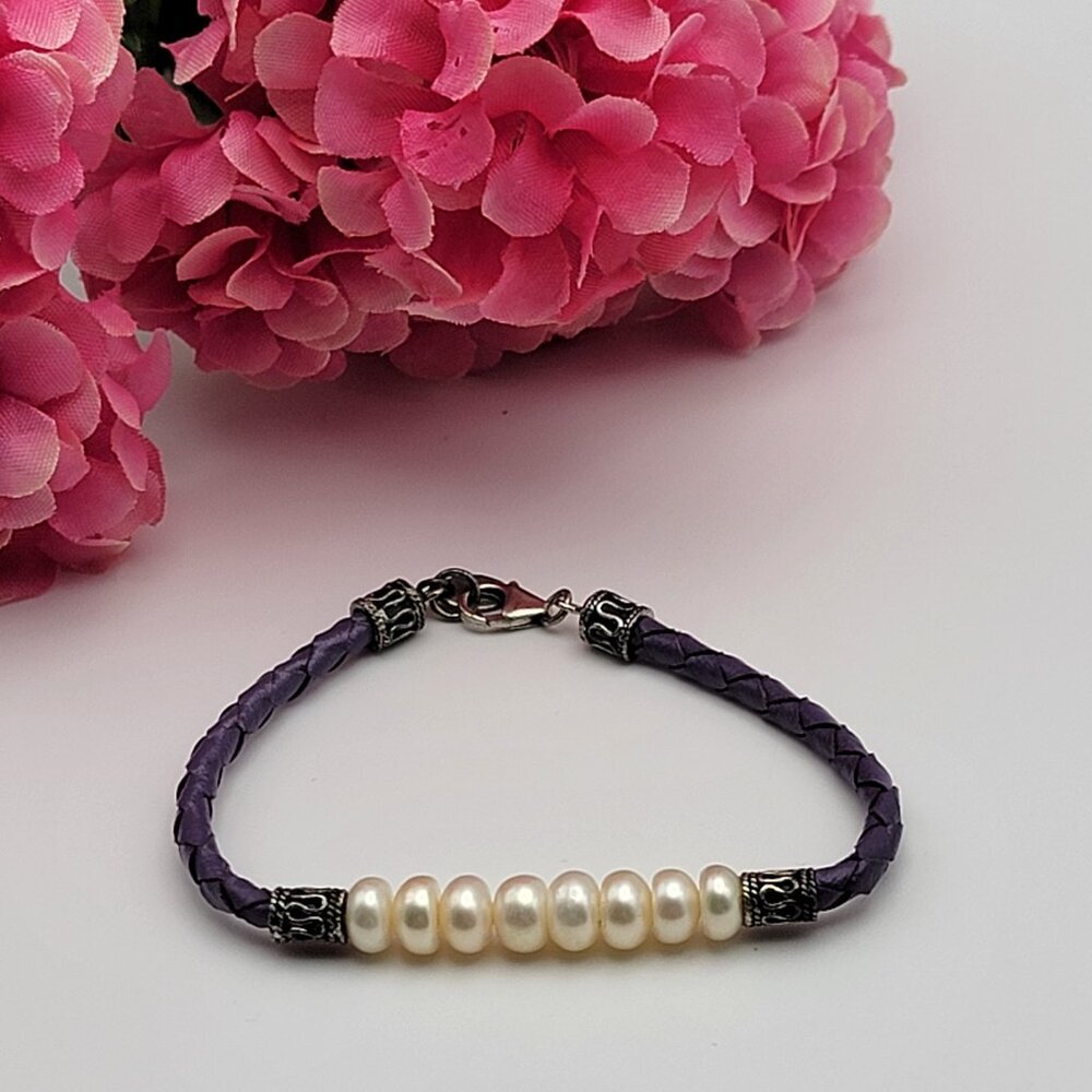 Sterling Silver Cream Natural Pearl Braided Cord Bracelet 6.5" Purple 7.4 mm